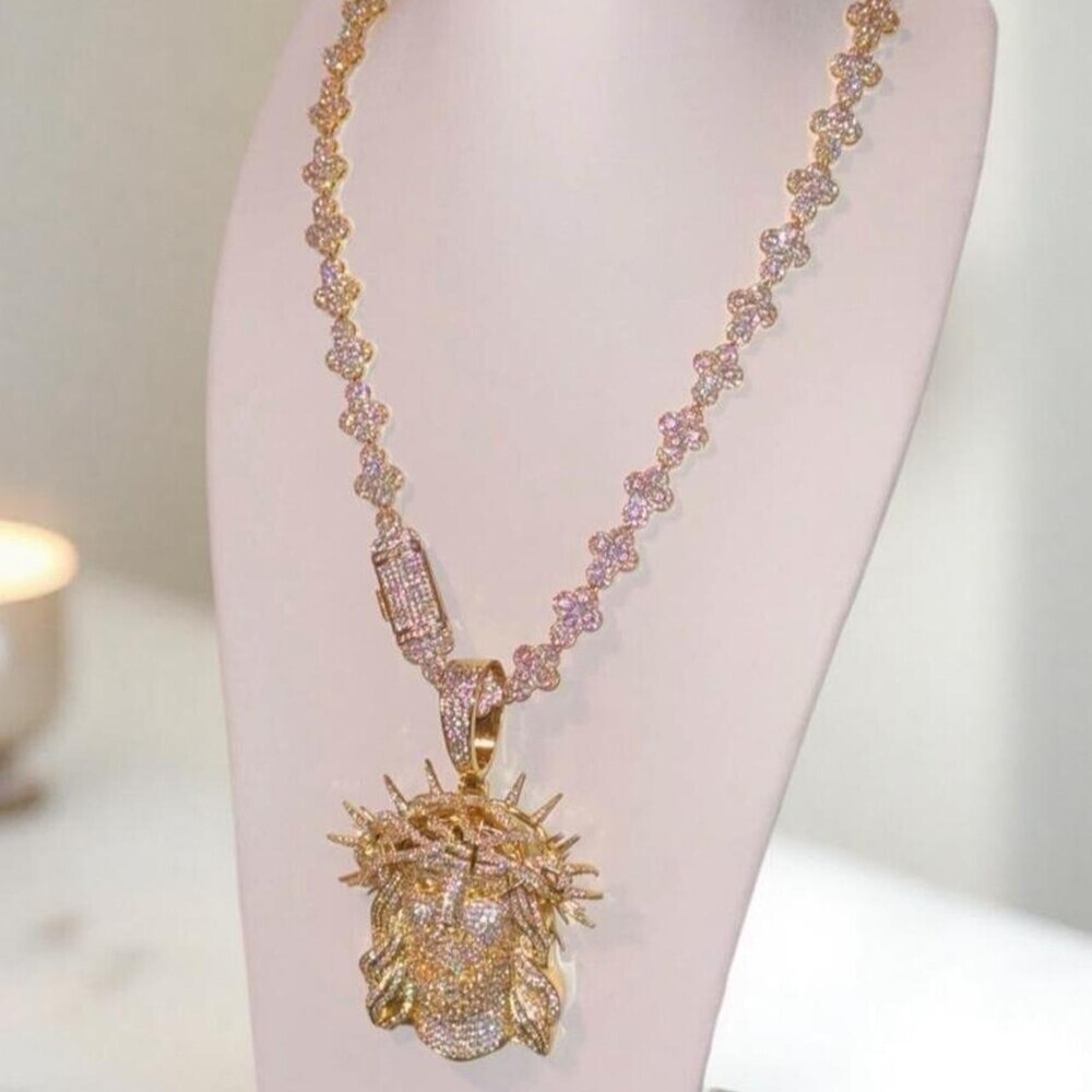 Gold Iced Out Jesus Piece pendant and necklace 20inch